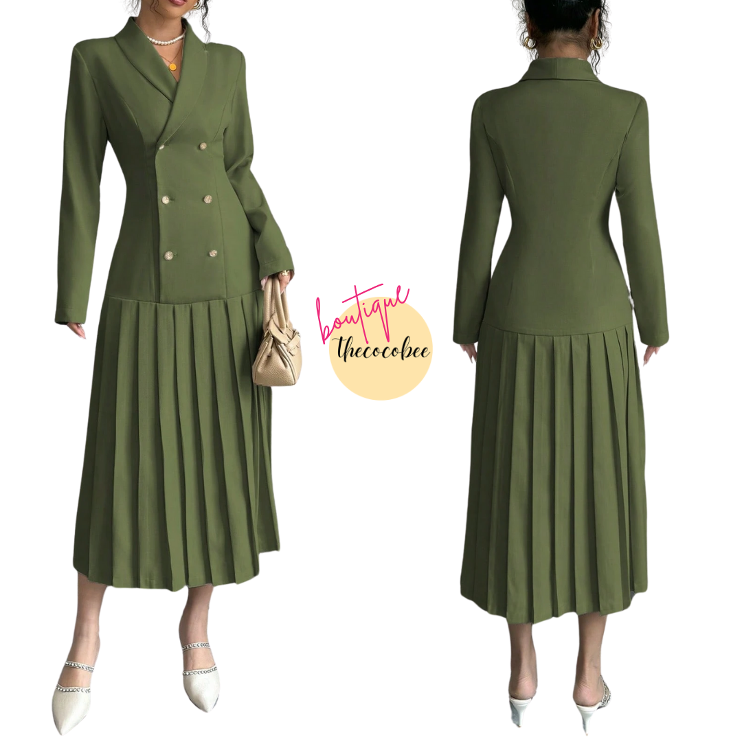#126 Army Green Elegant Commuter Turn-Down Collar Double-Breasted Cinched Waist Pleated Hem Long Sleeve Long Dress, Spring/Autumn/Winter Maxi Women Outfit