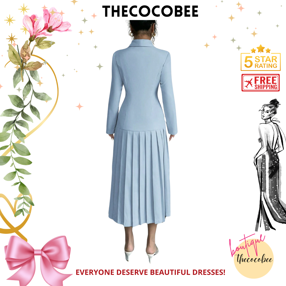 #126 Baby Blue Elegant Commuter Turn-Down Collar Double-Breasted Cinched Waist Pleated Hem Long Sleeve Long Dress, Spring/Autumn/Winter Maxi Women Outfit