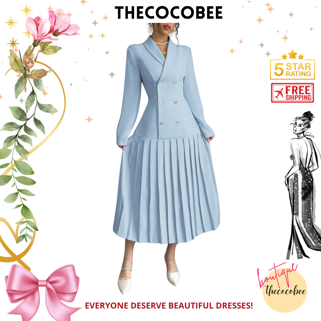 #126 Baby Blue Elegant Commuter Turn-Down Collar Double-Breasted Cinched Waist Pleated Hem Long Sleeve Long Dress, Spring/Autumn/Winter Maxi Women Outfit