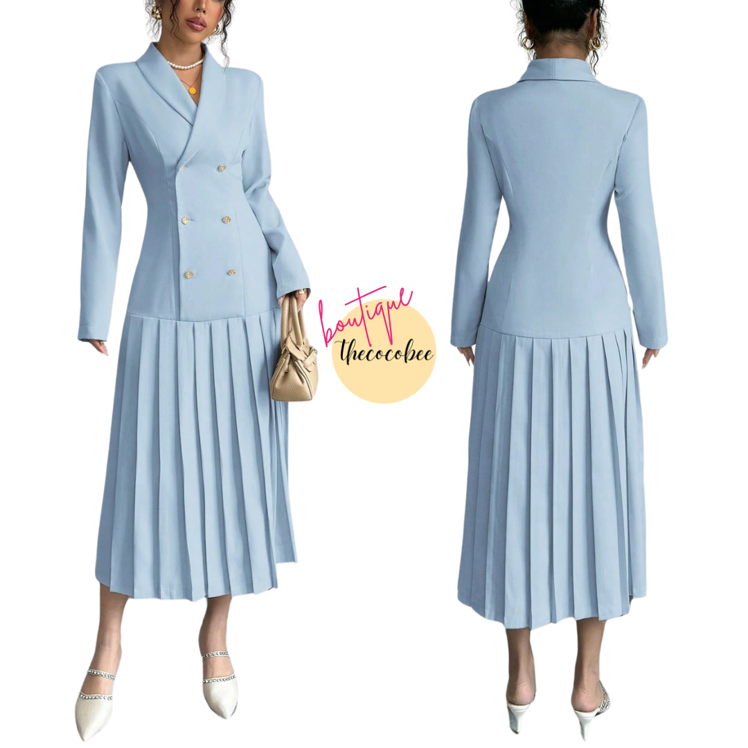 #126 Baby Blue Elegant Commuter Turn-Down Collar Double-Breasted Cinched Waist Pleated Hem Long Sleeve Long Dress, Spring/Autumn/Winter Maxi Women Outfit