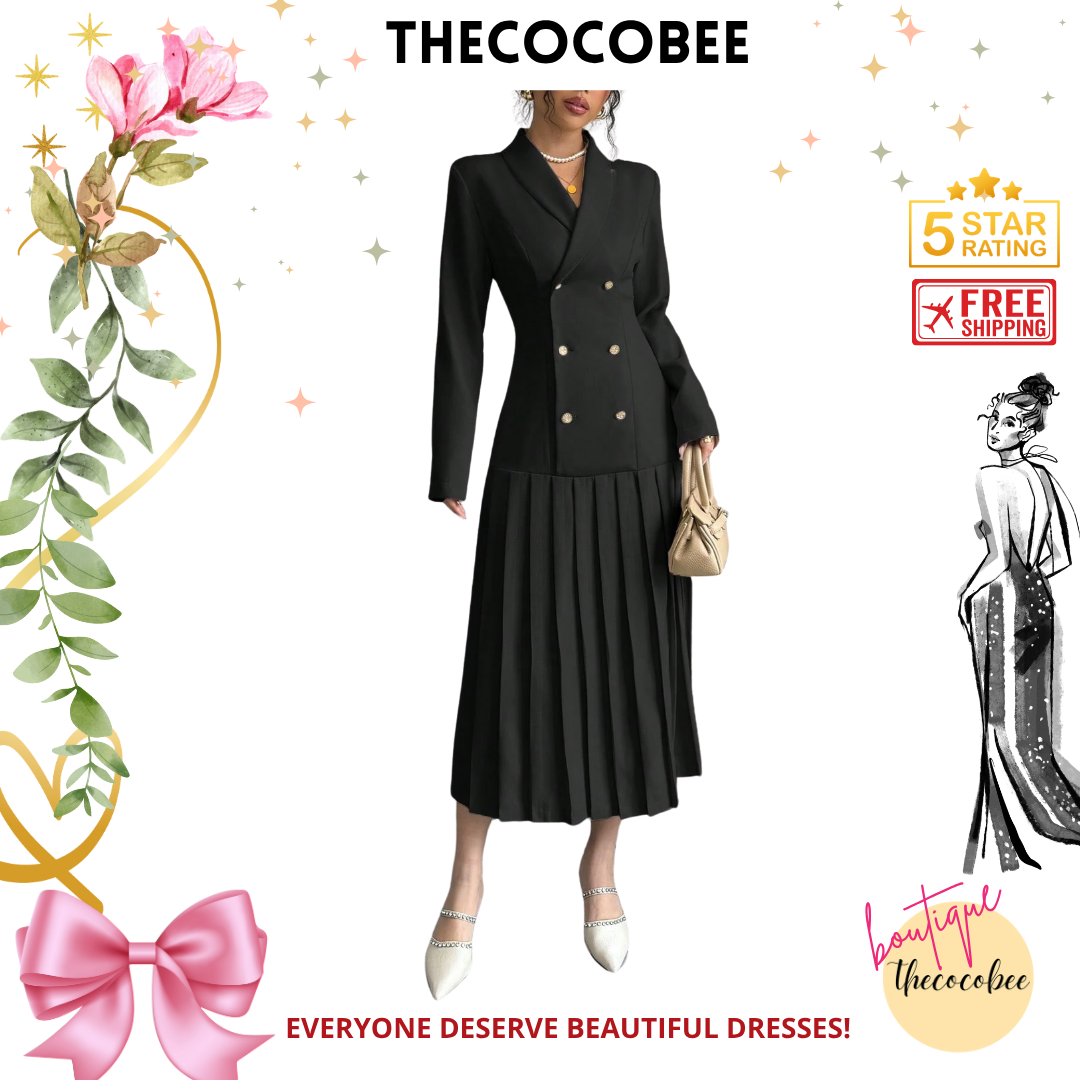 #126 Black Elegant Commuter Turn-Down Collar Double-Breasted Cinched Waist Pleated Hem Long Sleeve Long Dress, Spring/Autumn/Winter Maxi Women Outfit