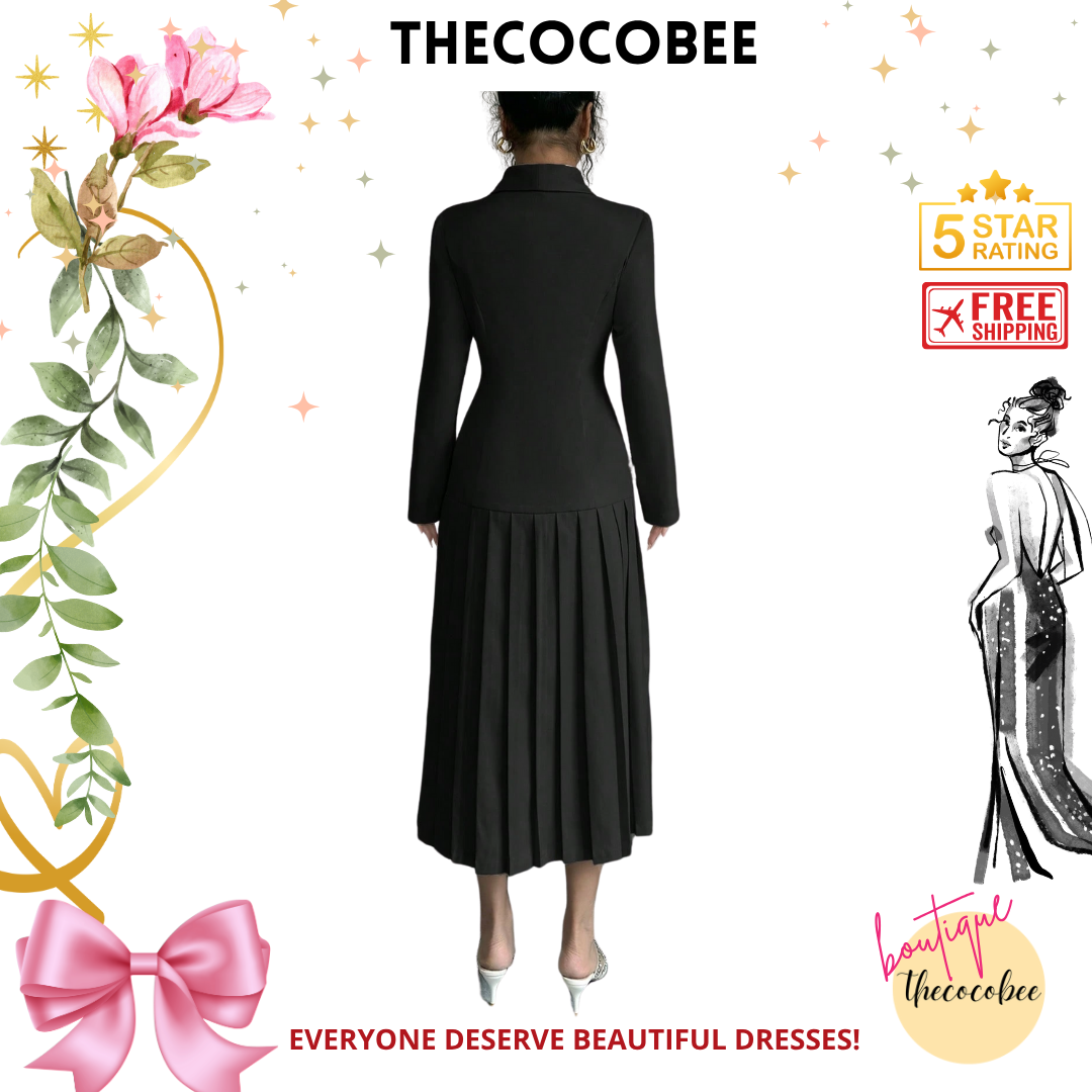 #126 Black Elegant Commuter Turn-Down Collar Double-Breasted Cinched Waist Pleated Hem Long Sleeve Long Dress, Spring/Autumn/Winter Maxi Women Outfit