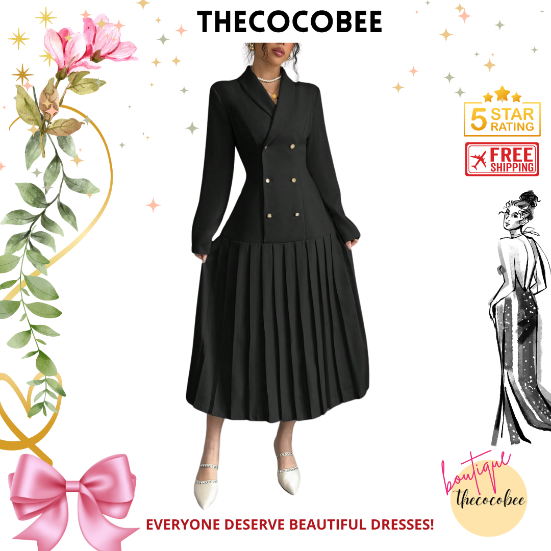 #126 Black Elegant Commuter Turn-Down Collar Double-Breasted Cinched Waist Pleated Hem Long Sleeve Long Dress, Spring/Autumn/Winter Maxi Women Outfit