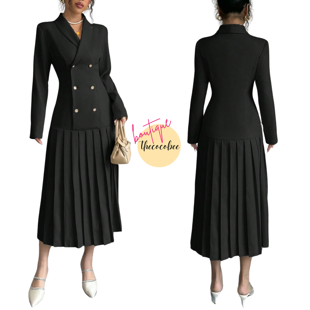 #126 Black Elegant Commuter Turn-Down Collar Double-Breasted Cinched Waist Pleated Hem Long Sleeve Long Dress, Spring/Autumn/Winter Maxi Women Outfit