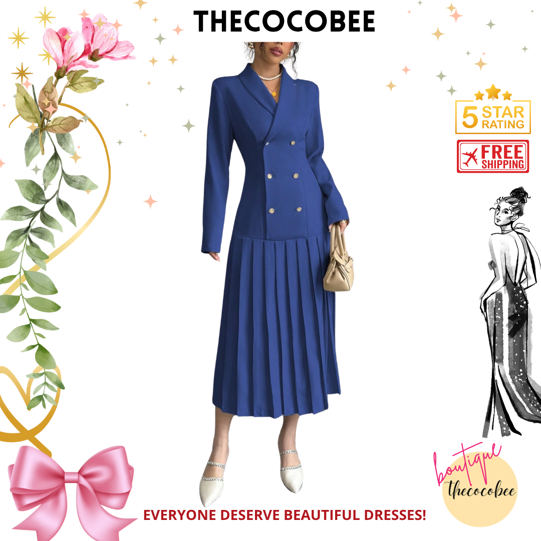 #126 Blue Elegant Commuter Turn-Down Collar Double-Breasted Cinched Waist Pleated Hem Long Sleeve Long Dress, Spring/Autumn/Winter Maxi Women Outfit