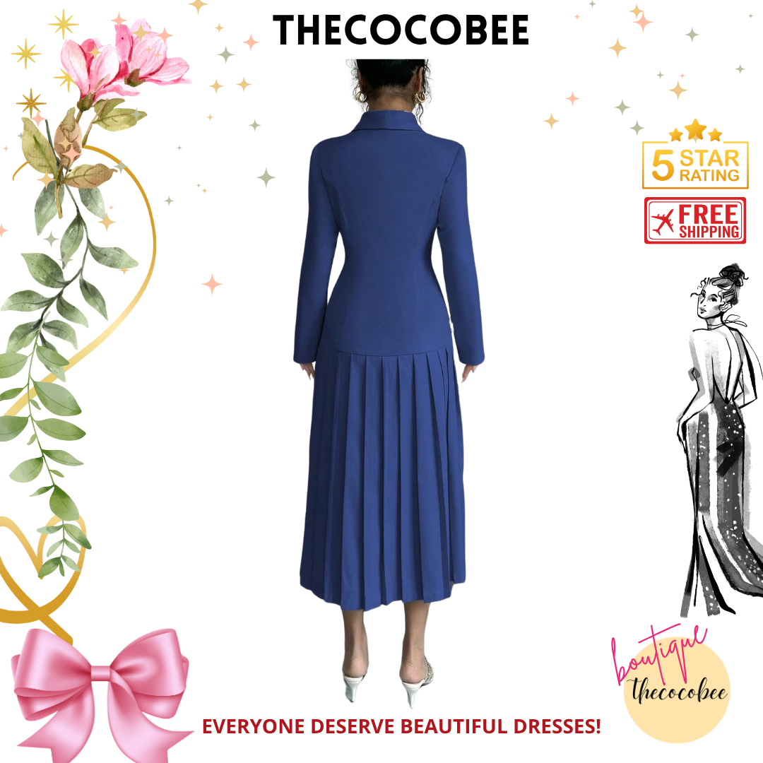#126 Blue Elegant Commuter Turn-Down Collar Double-Breasted Cinched Waist Pleated Hem Long Sleeve Long Dress, Spring/Autumn/Winter Maxi Women Outfit
