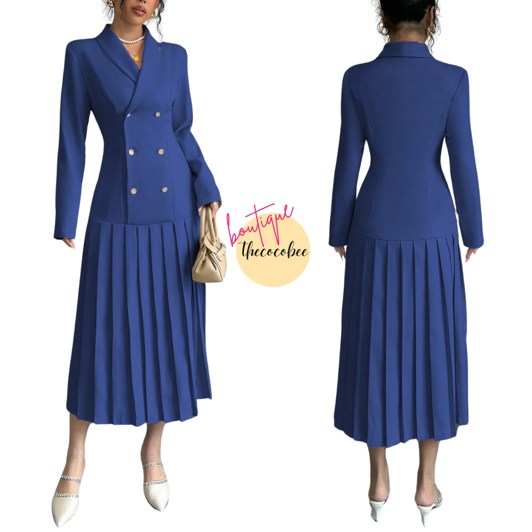 #126 Blue Elegant Commuter Turn-Down Collar Double-Breasted Cinched Waist Pleated Hem Long Sleeve Long Dress, Spring/Autumn/Winter Maxi Women Outfit