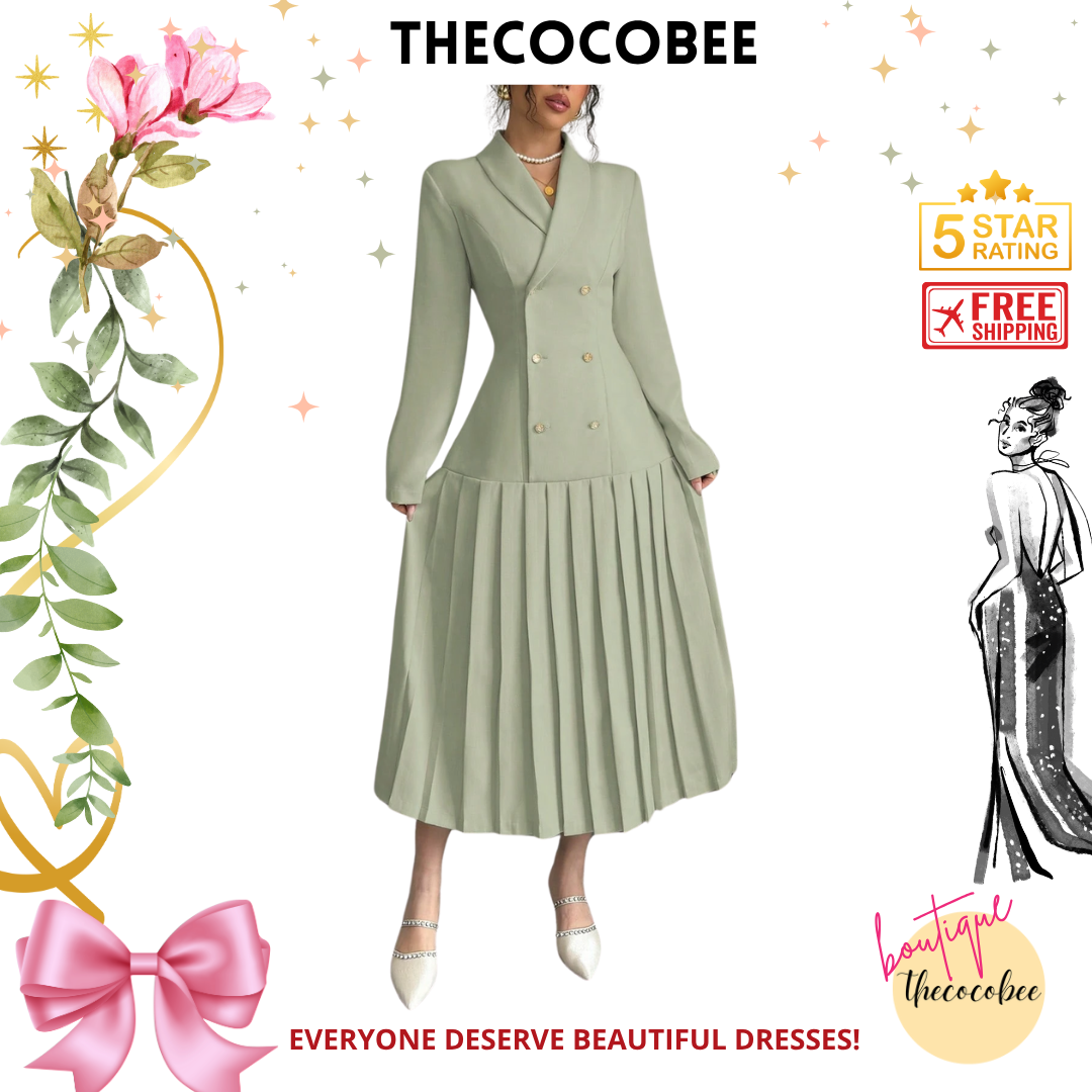 #126 Mint Green Elegant Commuter Turn-Down Collar Double-Breasted Cinched Waist Pleated Hem Long Sleeve Long Dress, Spring/Autumn/Winter Maxi Women Outfit