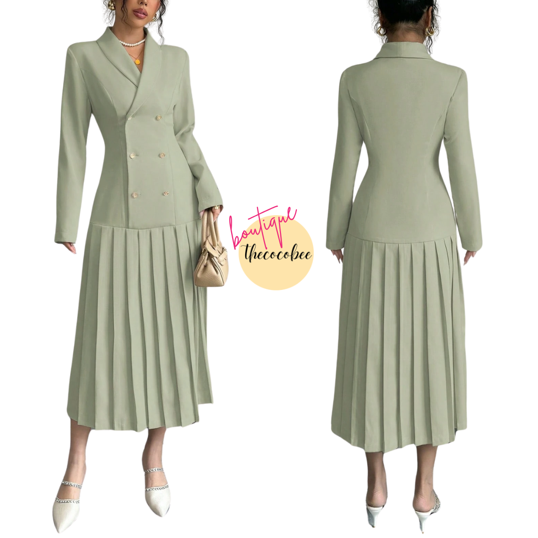#126 Mint Green Elegant Commuter Turn-Down Collar Double-Breasted Cinched Waist Pleated Hem Long Sleeve Long Dress, Spring/Autumn/Winter Maxi Women Outfit