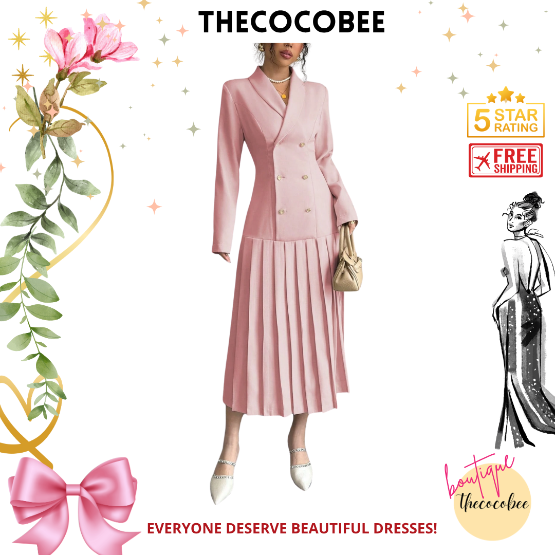 #126 Pink Elegant Commuter Turn-Down Collar Double-Breasted Cinched Waist Pleated Hem Long Sleeve Long Dress, Spring/Autumn/Winter Maxi Women Outfit
