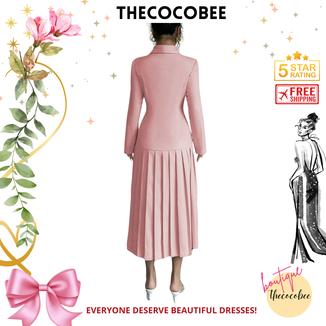 #126 Pink Elegant Commuter Turn-Down Collar Double-Breasted Cinched Waist Pleated Hem Long Sleeve Long Dress, Spring/Autumn/Winter Maxi Women Outfit