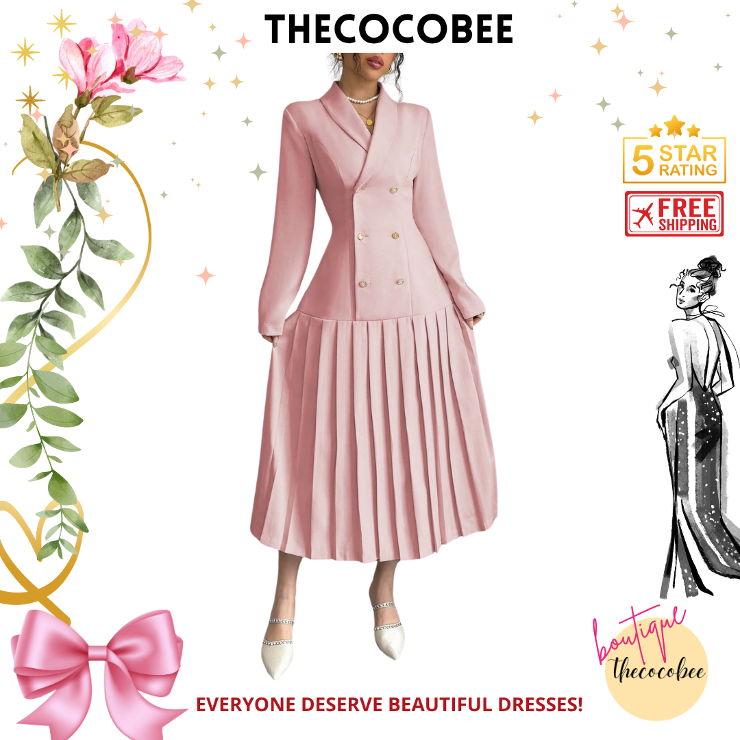 #126 Pink Elegant Commuter Turn-Down Collar Double-Breasted Cinched Waist Pleated Hem Long Sleeve Long Dress, Spring/Autumn/Winter Maxi Women Outfit