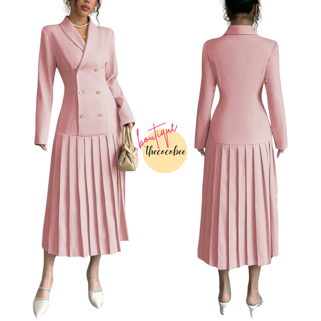 #126 Pink Elegant Commuter Turn-Down Collar Double-Breasted Cinched Waist Pleated Hem Long Sleeve Long Dress, Spring/Autumn/Winter Maxi Women Outfit