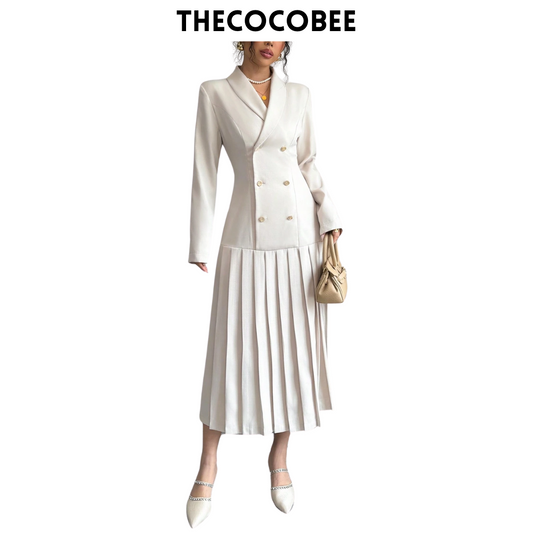 #126 Apricot Elegant Commuter Turn-Down Collar Double-Breasted Cinched Waist Pleated Hem Long Sleeve Long Dress, Spring/Autumn/Winter Maxi Women Outfit