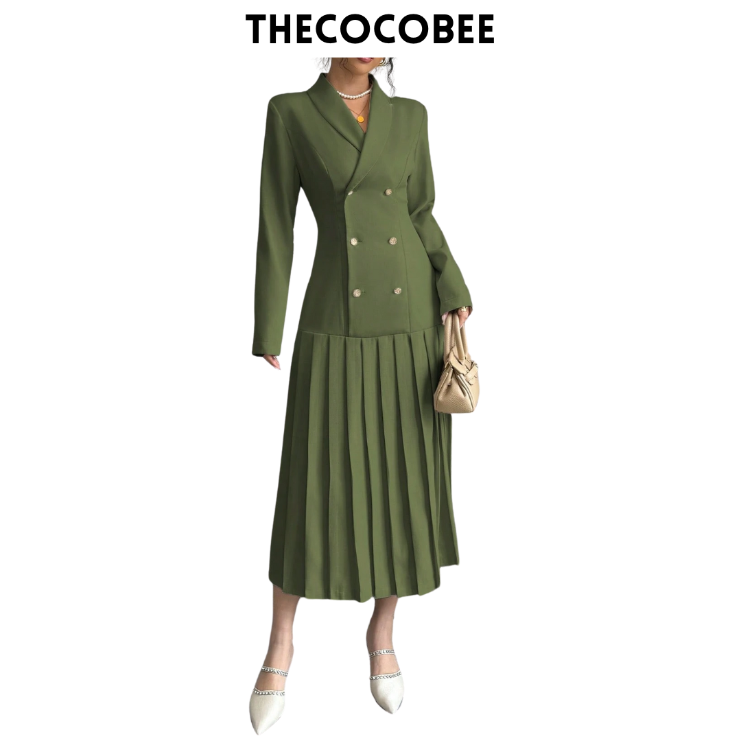 #126 Army Green Elegant Commuter Turn-Down Collar Double-Breasted Cinched Waist Pleated Hem Long Sleeve Long Dress, Spring/Autumn/Winter Maxi Women Outfit