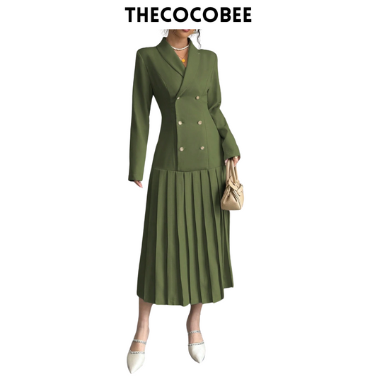 #126 Army Green Elegant Commuter Turn-Down Collar Double-Breasted Cinched Waist Pleated Hem Long Sleeve Long Dress, Spring/Autumn/Winter Maxi Women Outfit