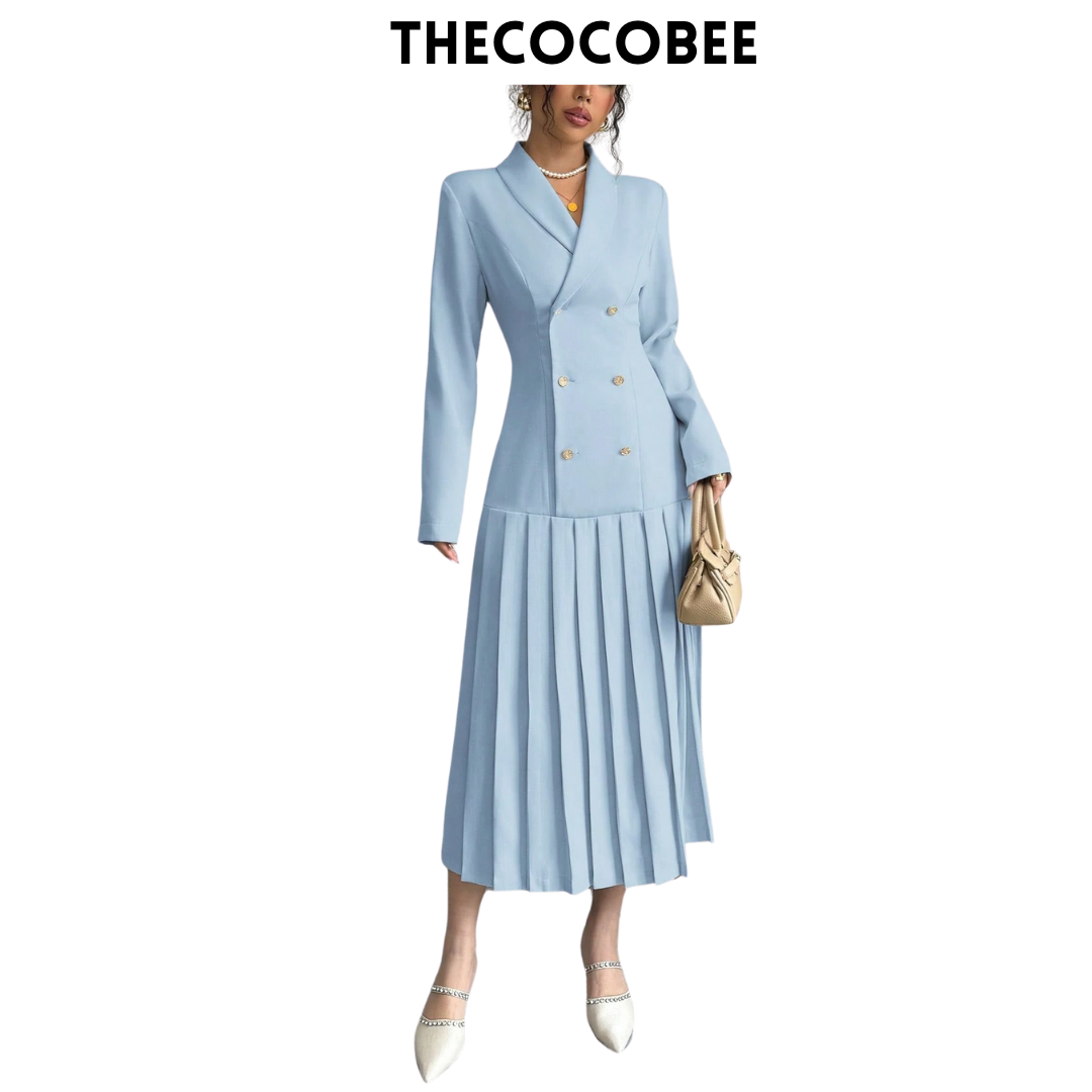 #126 Baby Blue Elegant Commuter Turn-Down Collar Double-Breasted Cinched Waist Pleated Hem Long Sleeve Long Dress, Spring/Autumn/Winter Maxi Women Outfit