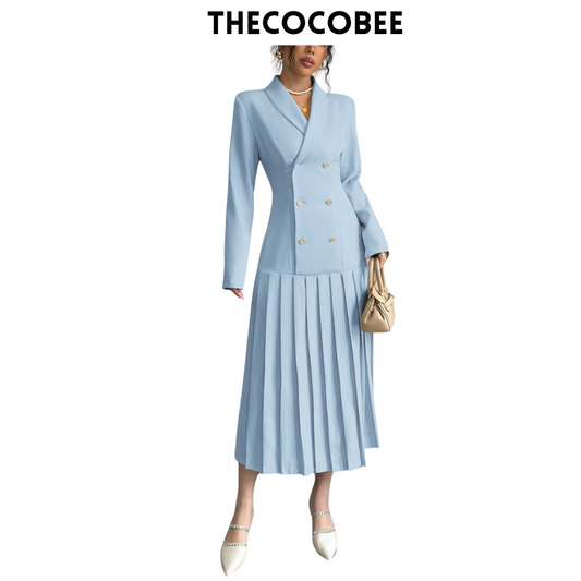 #126 Baby Blue Elegant Commuter Turn-Down Collar Double-Breasted Cinched Waist Pleated Hem Long Sleeve Long Dress, Spring/Autumn/Winter Maxi Women Outfit