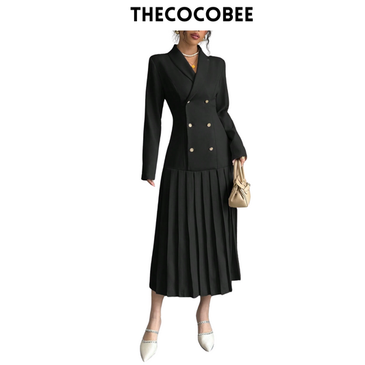 #126 Black Elegant Commuter Turn-Down Collar Double-Breasted Cinched Waist Pleated Hem Long Sleeve Long Dress, Spring/Autumn/Winter Maxi Women Outfit
