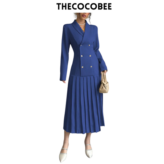 #126 Blue Elegant Commuter Turn-Down Collar Double-Breasted Cinched Waist Pleated Hem Long Sleeve Long Dress, Spring/Autumn/Winter Maxi Women Outfit