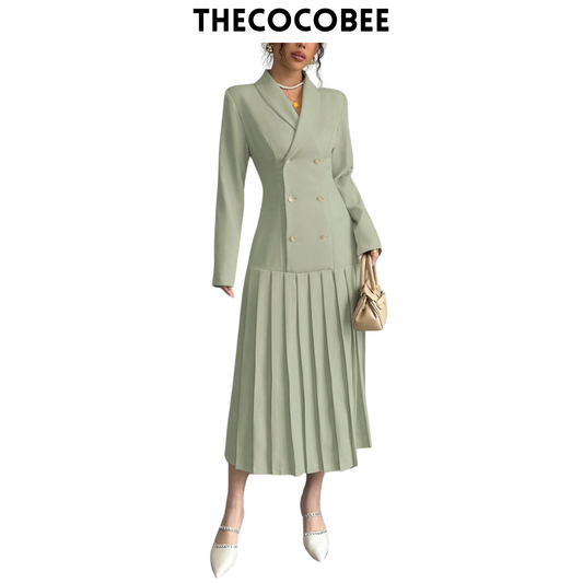 #126 Mint Green Elegant Commuter Turn-Down Collar Double-Breasted Cinched Waist Pleated Hem Long Sleeve Long Dress, Spring/Autumn/Winter Maxi Women Outfit