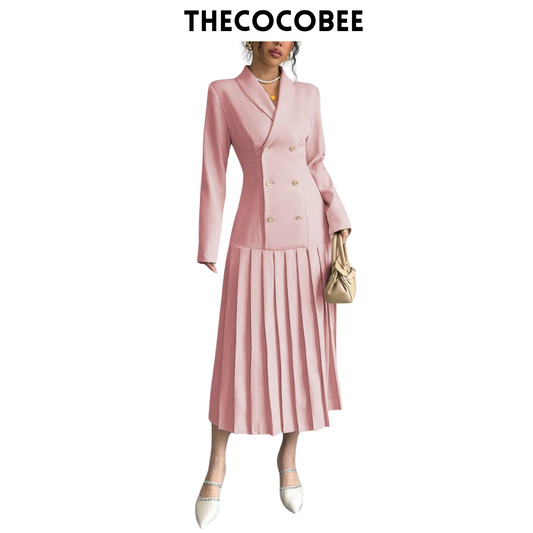 #126 Pink Elegant Commuter Turn-Down Collar Double-Breasted Cinched Waist Pleated Hem Long Sleeve Long Dress, Spring/Autumn/Winter Maxi Women Outfit