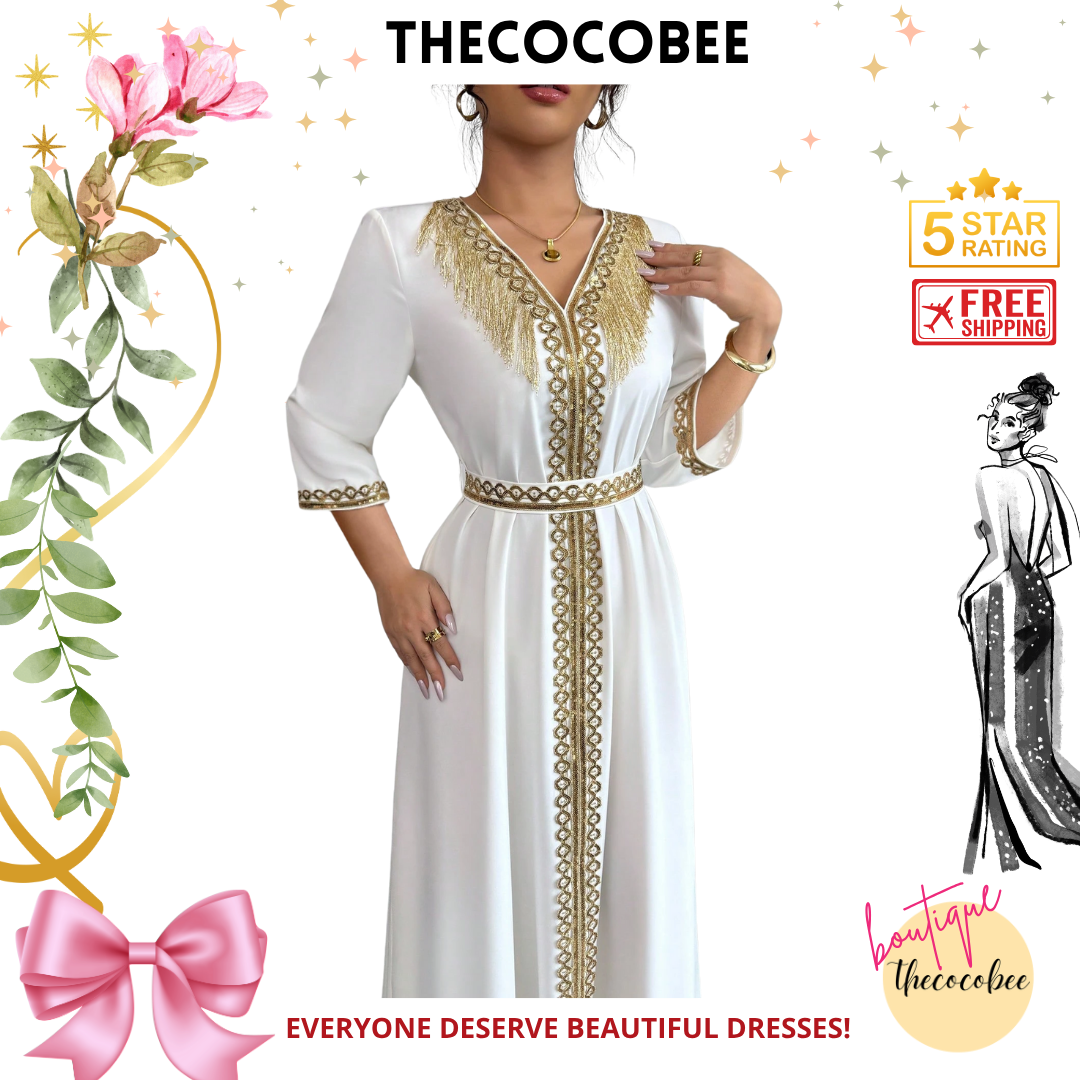 #127 Beige Elegant Sequin Patchwork Tassel Decor Dress