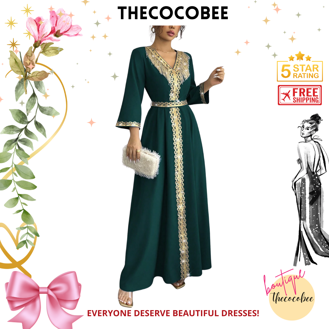 #127 Dark Green Elegant Fringe & Sequin Patchwork Dress