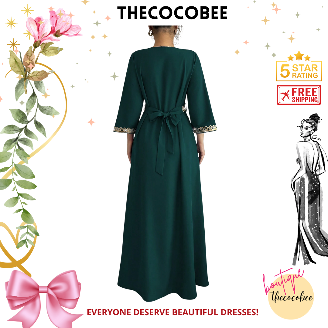 #127 Dark Green Elegant Fringe & Sequin Patchwork Dress