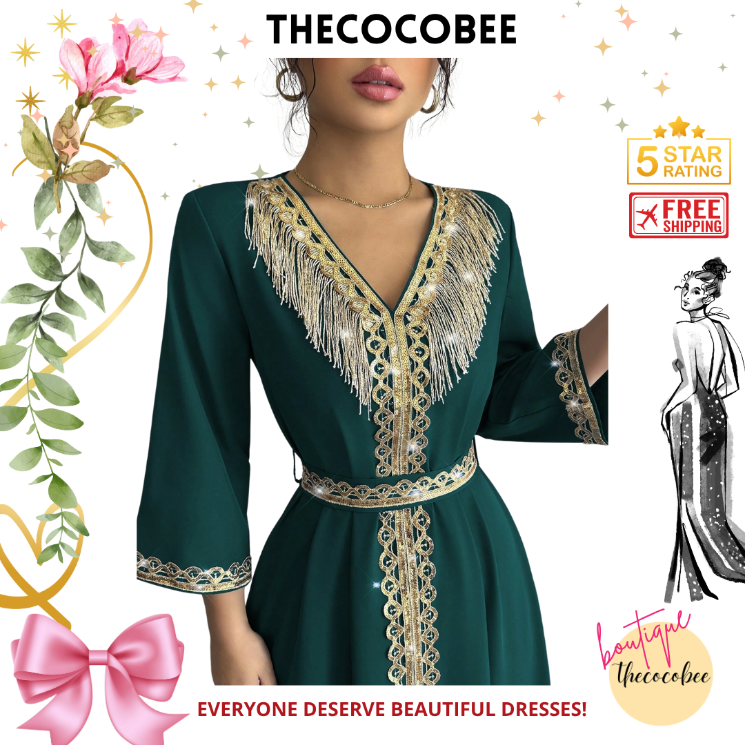 #127 Dark Green Elegant Fringe & Sequin Patchwork Dress