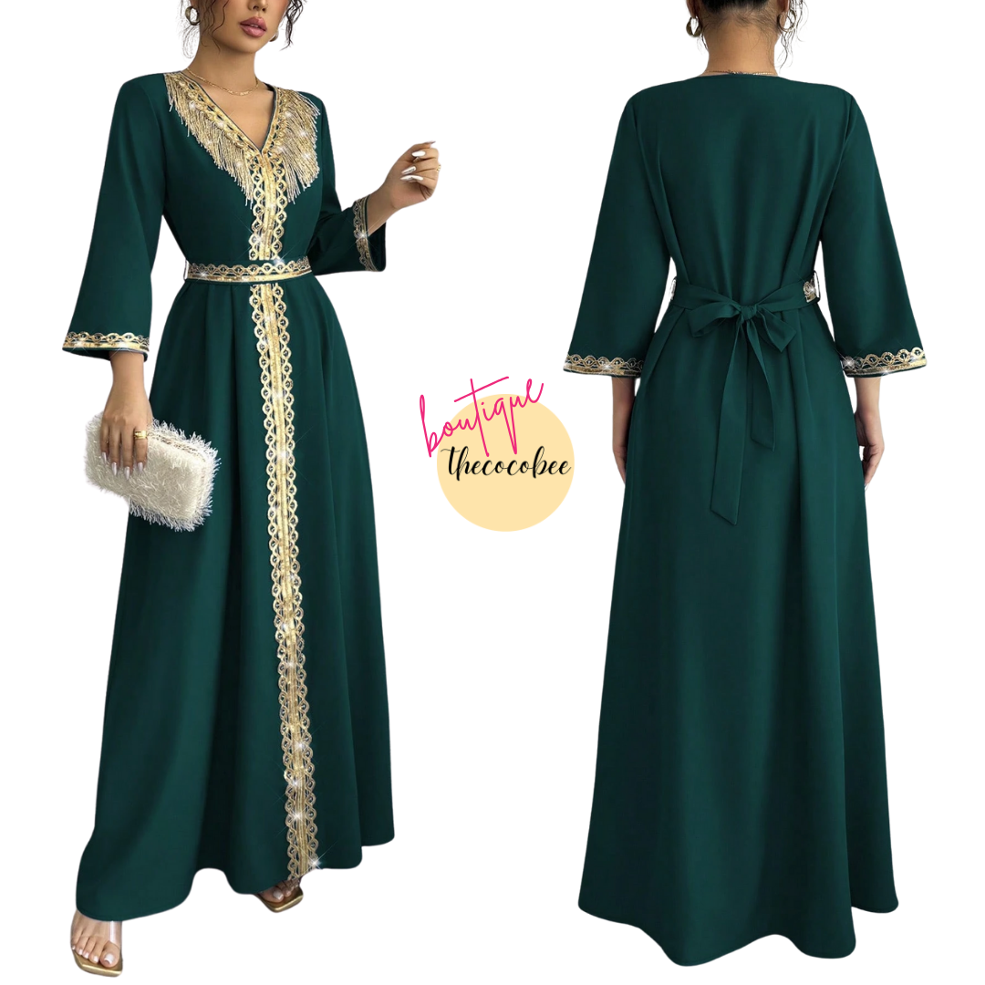 #127 Dark Green Elegant Fringe & Sequin Patchwork Dress