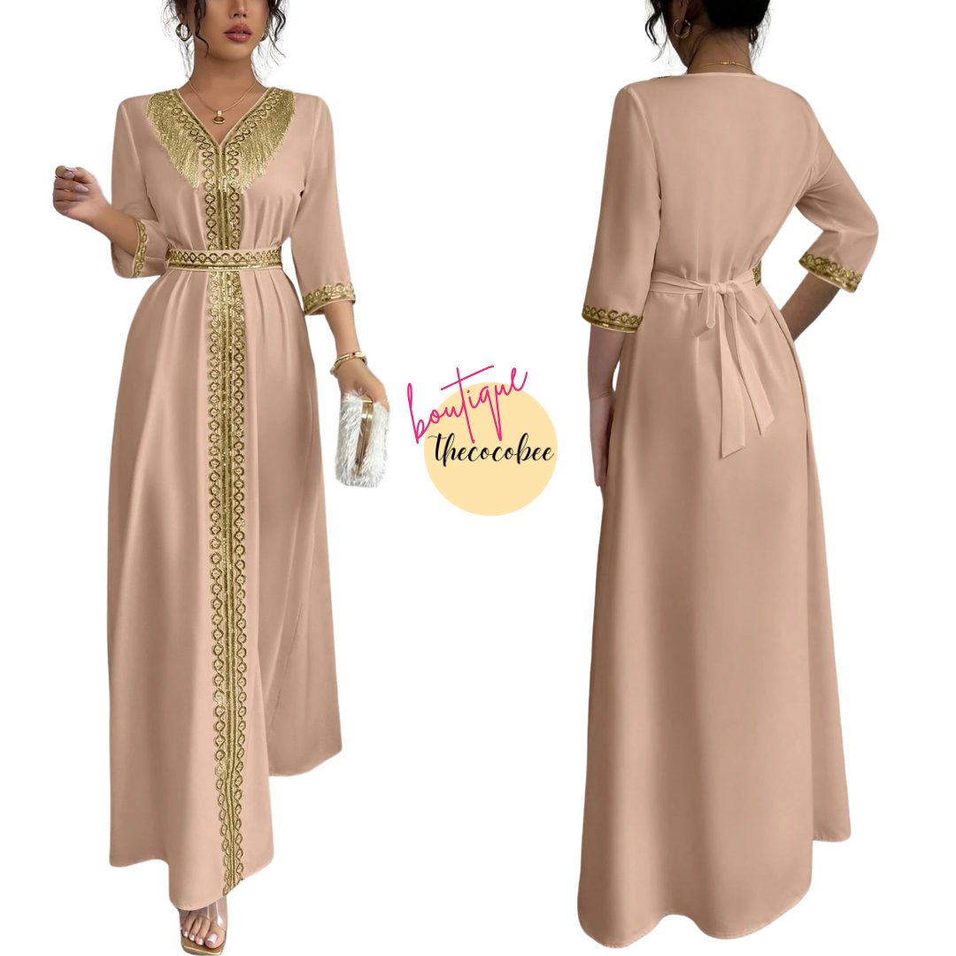 #127 Khaki Elegant Fringe & Sequin Patchwork Dress