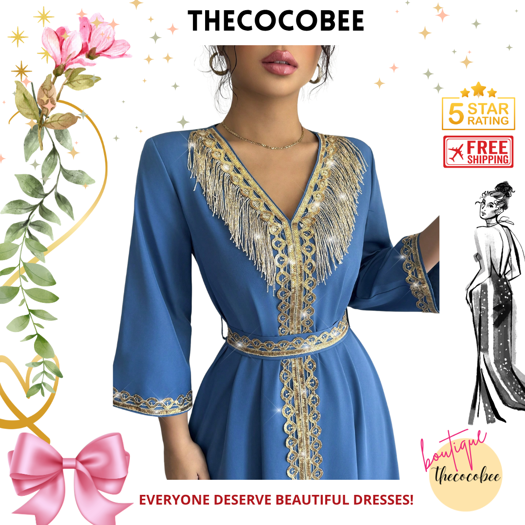 #127 Teal Blue Elegant Fringe & Sequin Patchwork Dress