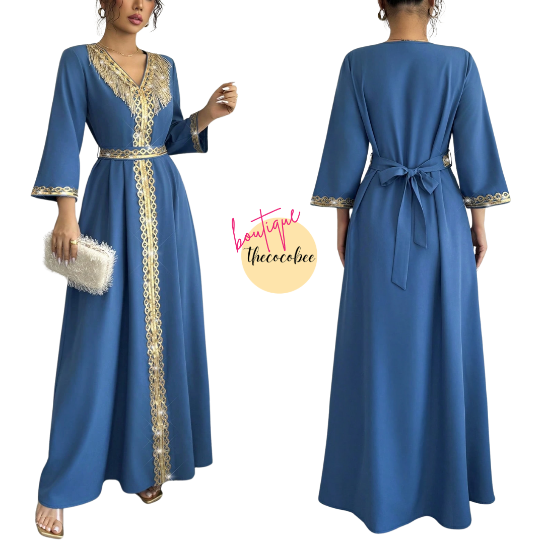 #127 Teal Blue Elegant Fringe & Sequin Patchwork Dress