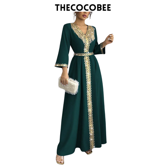 #127 Dark Green Elegant Fringe & Sequin Patchwork Dress