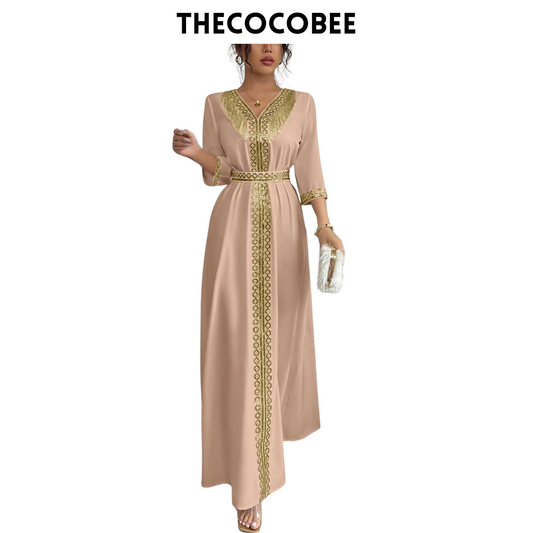 #127 Khaki Elegant Fringe & Sequin Patchwork Dress
