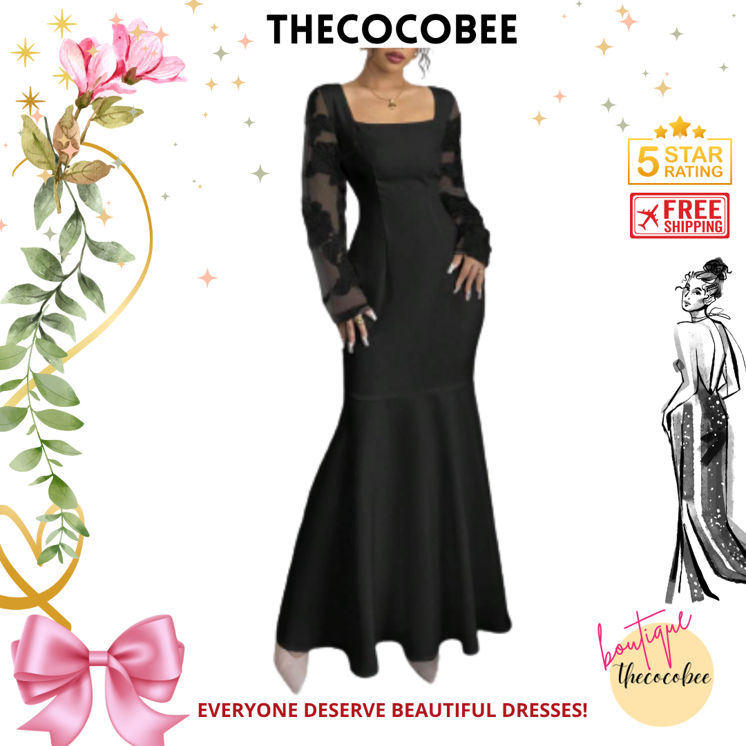 #128 Black Elegant Square Neckline Bodycon Mermaid Dress Maxi Women Outfit
