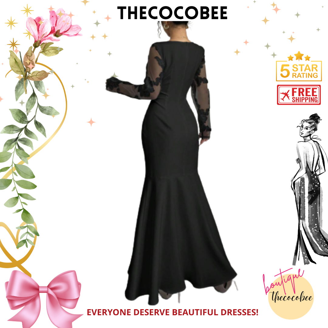 #128 Black Elegant Square Neckline Bodycon Mermaid Dress Maxi Women Outfit