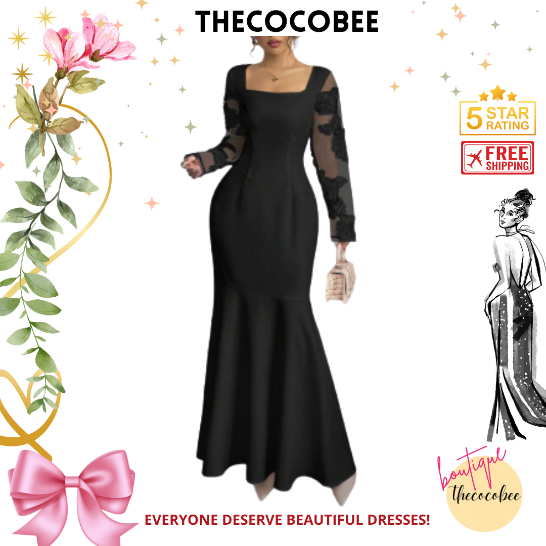 #128 Black Elegant Square Neckline Bodycon Mermaid Dress Maxi Women Outfit