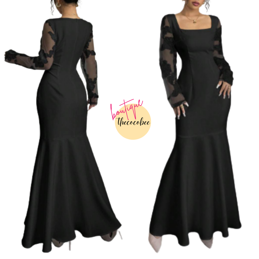 #128 Black Elegant Square Neckline Bodycon Mermaid Dress Maxi Women Outfit