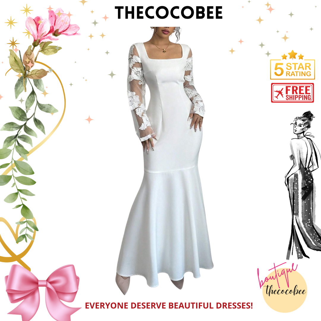 #128 White Elegant Square Neckline Bodycon Mermaid Dress Maxi Women Outfit