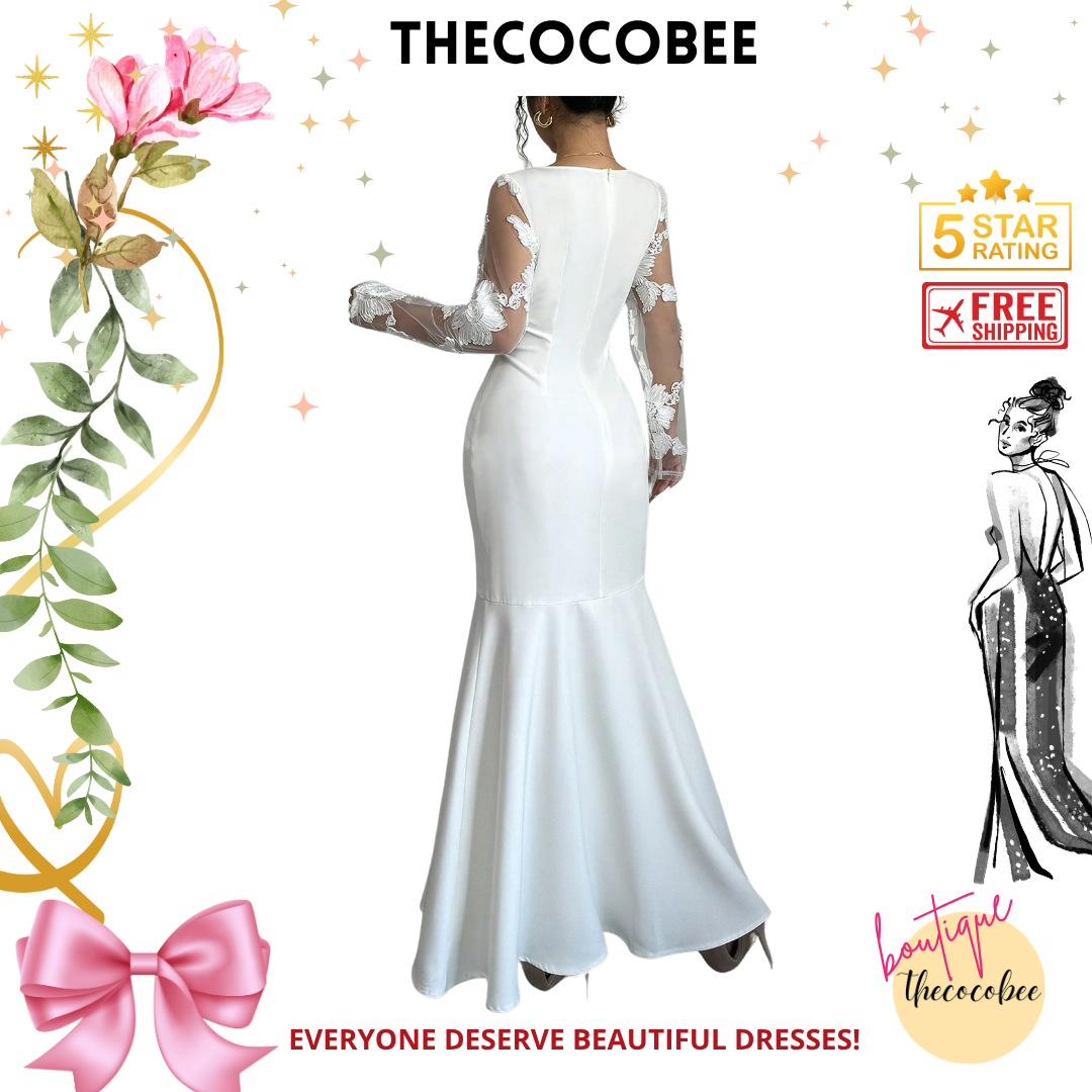 #128 White Elegant Square Neckline Bodycon Mermaid Dress Maxi Women Outfit
