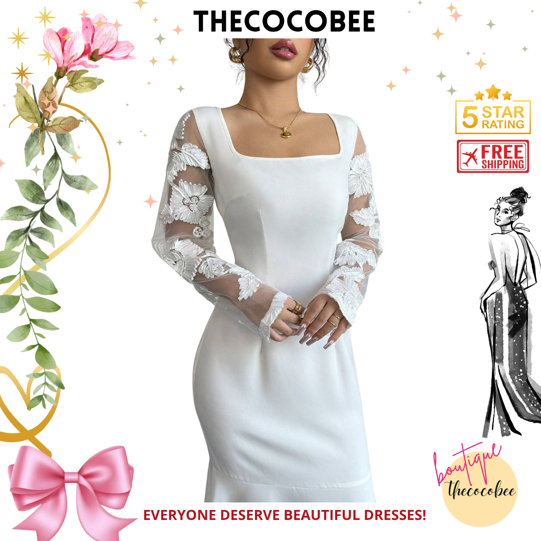 #128 White Elegant Square Neckline Bodycon Mermaid Dress Maxi Women Outfit