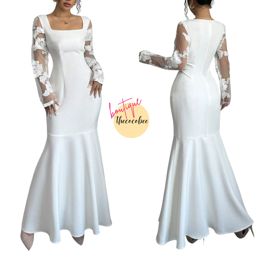 #128 White Elegant Square Neckline Bodycon Mermaid Dress Maxi Women Outfit