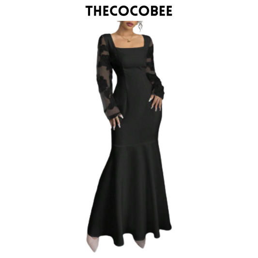 #128 Black Elegant Square Neckline Bodycon Mermaid Dress Maxi Women Outfit