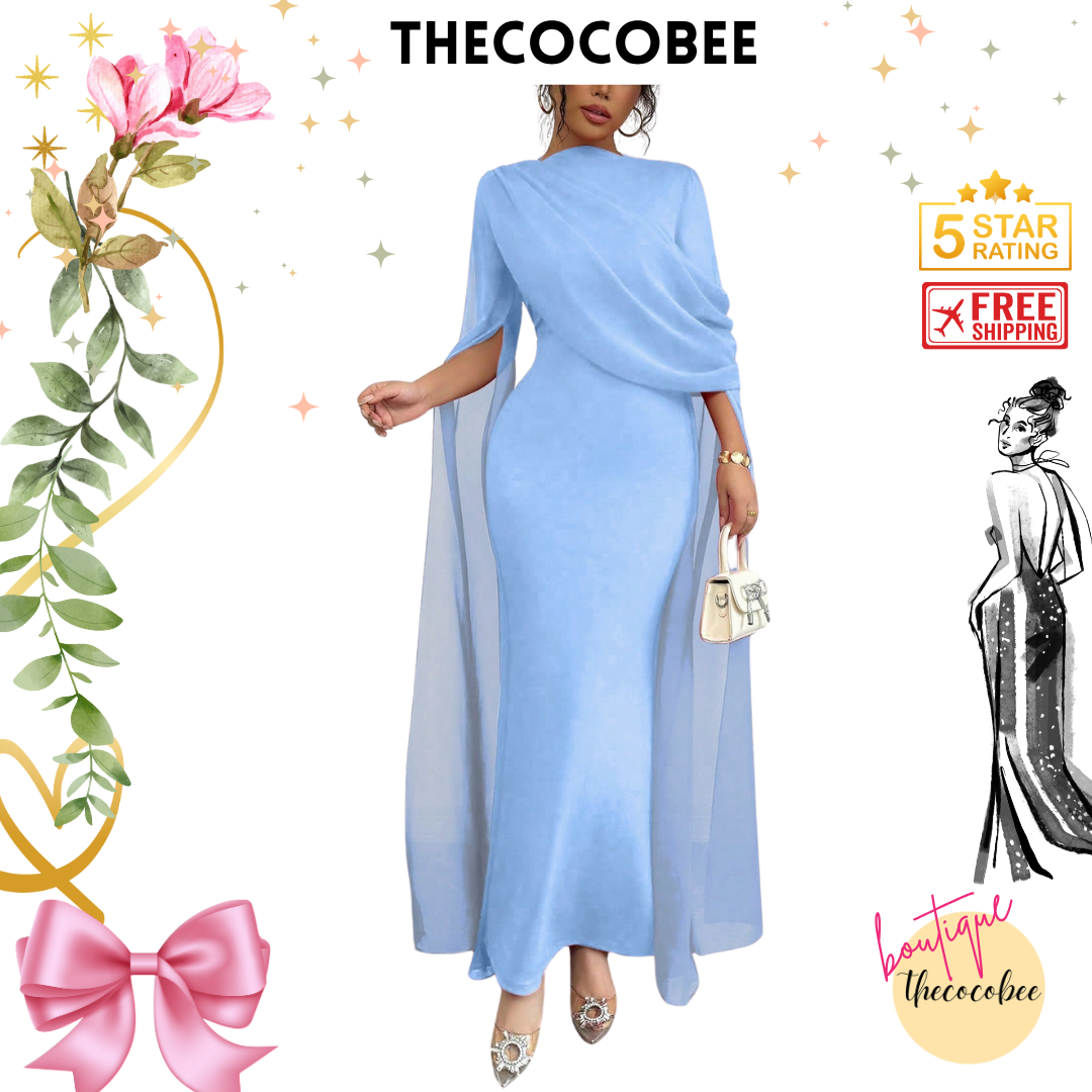 #129 Pleated One-Shoulder Sheer Maxi Split Dress – Baby blue