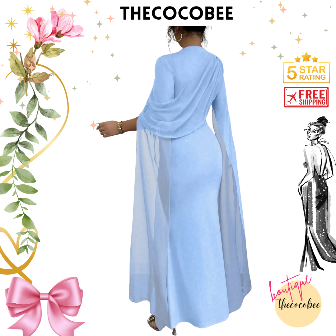 #129 Pleated One-Shoulder Sheer Maxi Split Dress – Baby blue