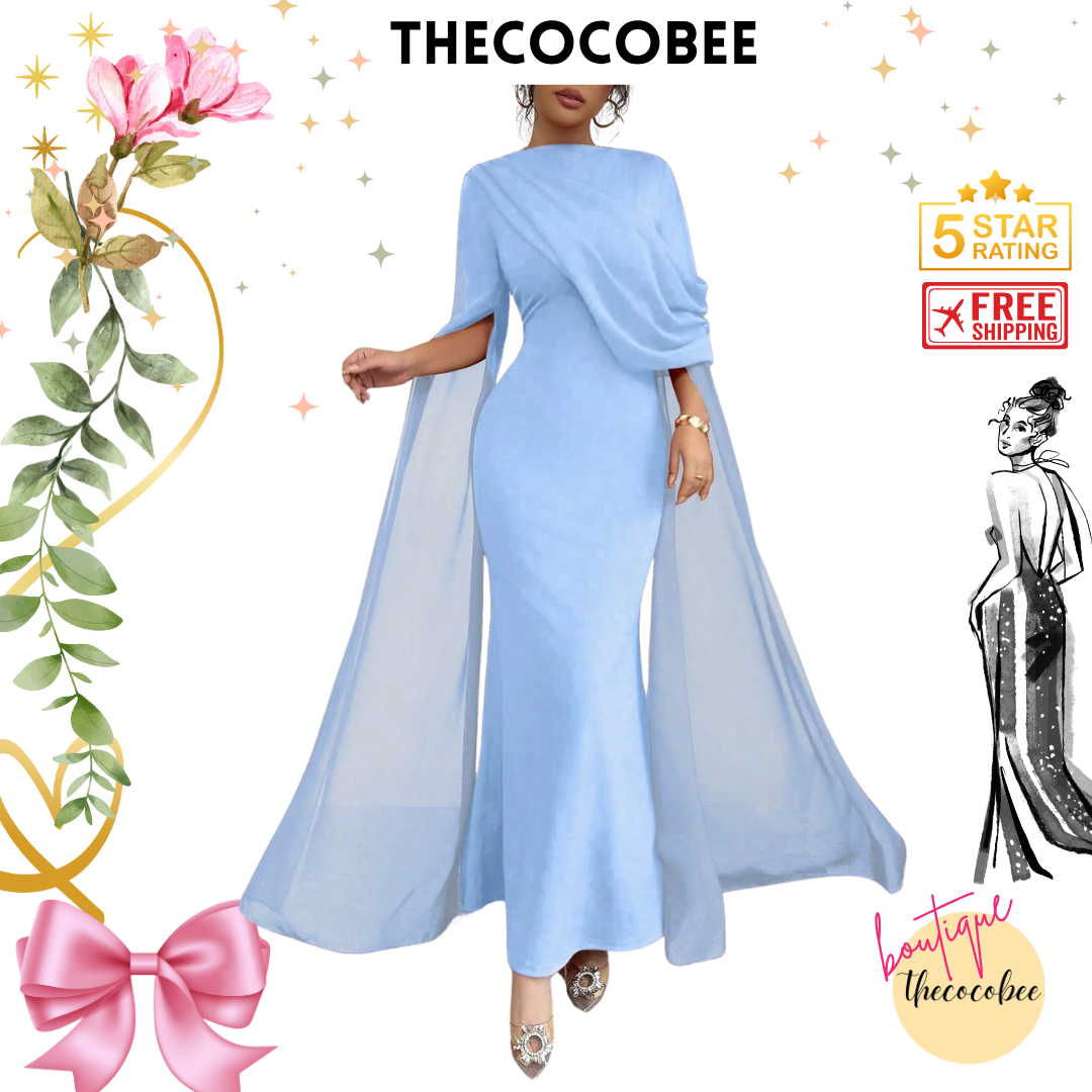 #129 Pleated One-Shoulder Sheer Maxi Split Dress – Baby blue