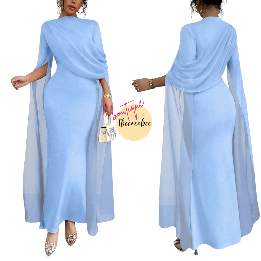#129 Pleated One-Shoulder Sheer Maxi Split Dress – Baby blue