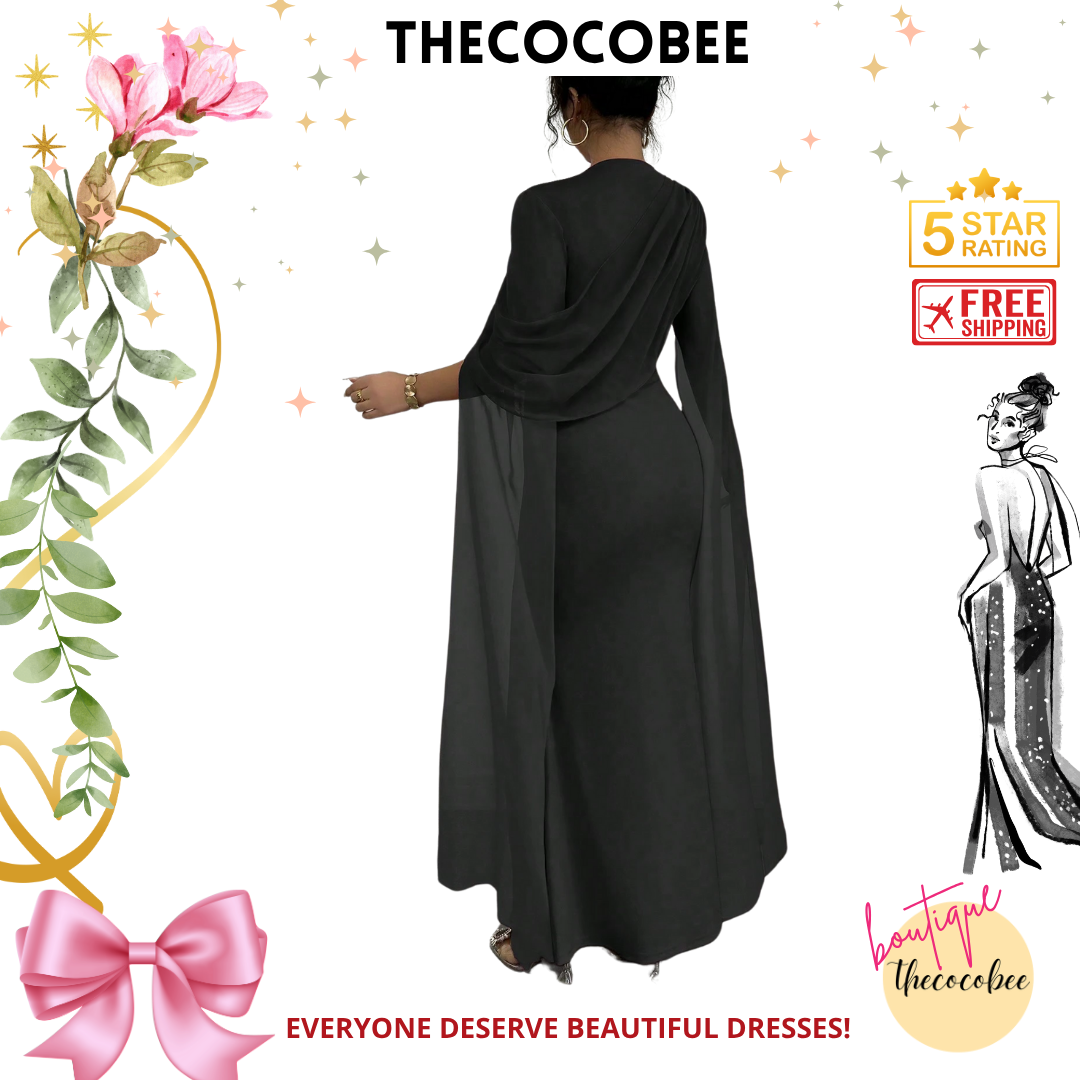 #129 Black Long Sleeve Maxi Dress With Draped Neckline And Cape Sleeves